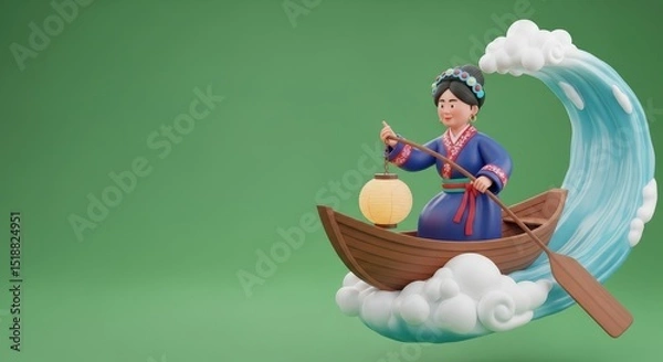 Fototapeta 3D Character Boy Pirate Adrift on Raft with Shark Circling