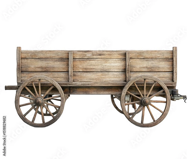 Fototapeta A rustic wooden cart, weathered and showing its age, with large spoked wheels, sits against a black background.  Its simple design speaks to a bygone era
