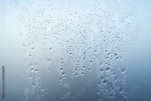 Fototapeta Condensation on a frosted window pane.  Small water droplets cover the surface in a varying density.  Pale blue-gray background