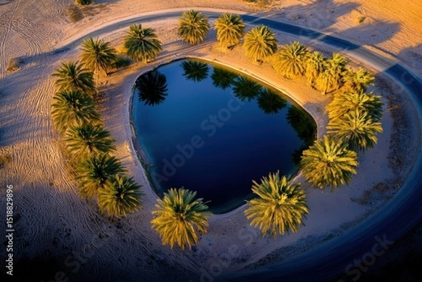 Fototapeta Aerial view of a desert oasis shimmering under the intense light of the afternoon sun