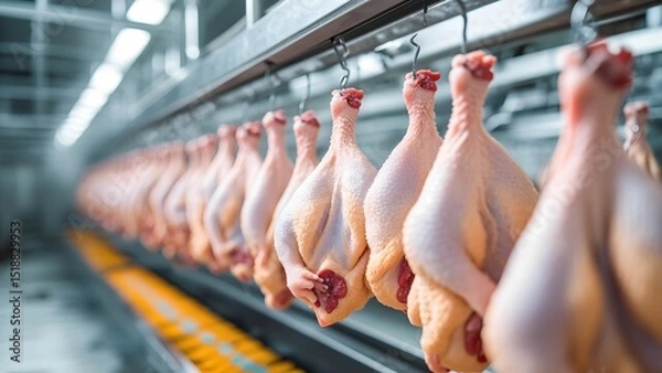 Fototapeta Chicken processing line poultry factory industrial scene clean environment close-up view food production