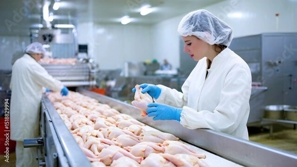Fototapeta Quality control process in poultry processing plant factory environment industrial content close-up view food safety