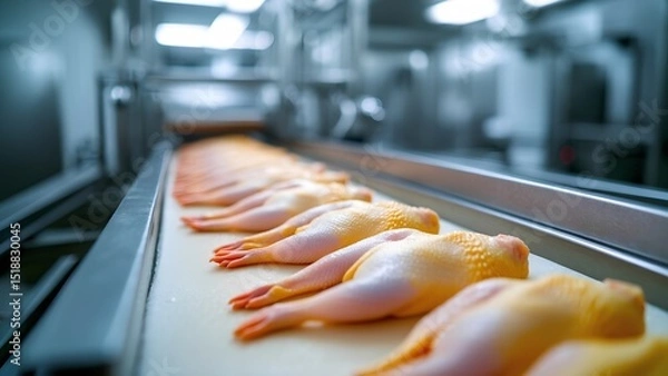 Fototapeta Processing action of poultry production at a modern factory food industry industrial environment close-up view efficiency concept