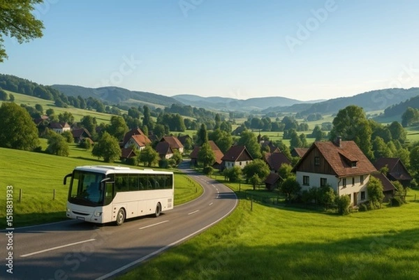 Obraz Landscape of bus traveling through rural countryside village asphalt road.