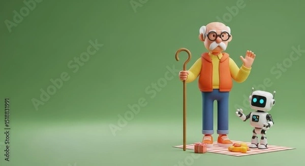 Fototapeta 3D Character Scarecrow with Patchwork Clothes and Crow