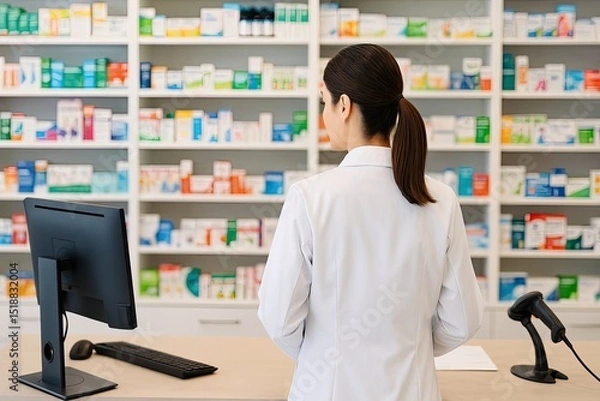 Obraz In a pharmacy store, shelves stocked with health products fill the background as a woman pharmacist cashier, clad in a white coat, stands at the counter, viewed from behind.