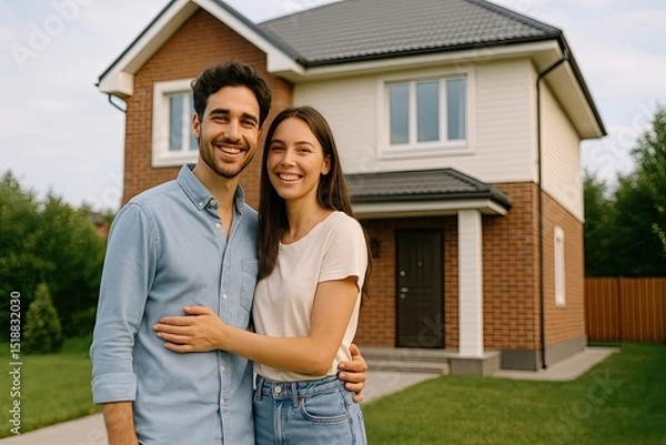Obraz Happy couple standing in front of their new home. Young family buying new house, lifestyle. Rent or own real estate.