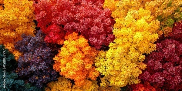 Fototapeta Aerial view of a forest canopy in autumn, with vibrant shades of red, orange, and yellow creating a mosaic of color