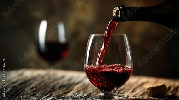 Obraz Red wine pouring into a glass, capturing the rich essence of indulgence.
