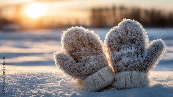 Obraz Winter gloves shaped as a heart on snow, bathed in sunset glow. Warmth and love in winter's embrace.
