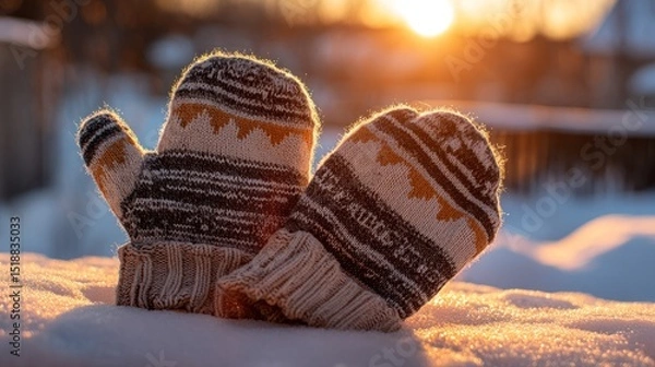 Obraz Winter gloves shaped as a heart on snow, bathed in sunset glow. Warmth and love in winter's embrace.
