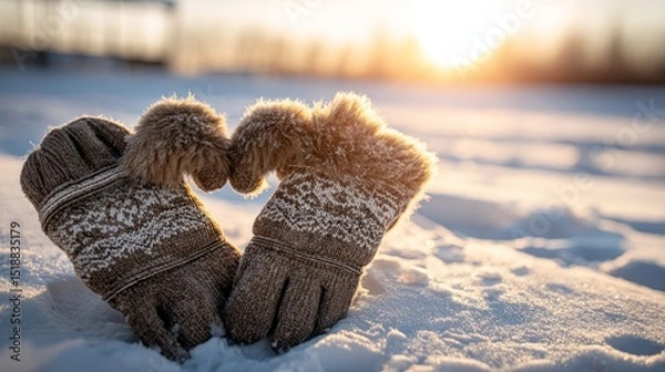 Obraz Winter gloves shaped as a heart on snow, bathed in sunset glow. Warmth and love in winter's embrace.
