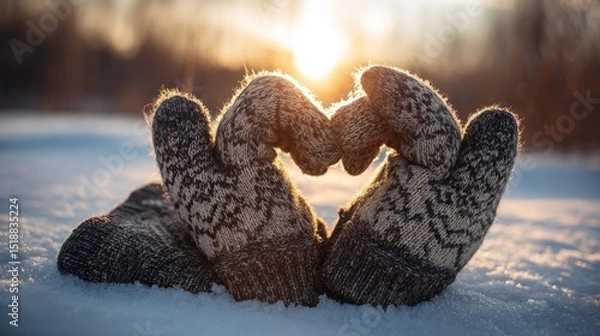 Obraz Winter gloves shaped as a heart on snow, bathed in sunset glow. Warmth and love in winter's embrace.
