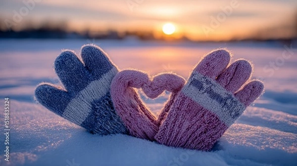 Obraz Winter gloves shaped as a heart on snow, bathed in sunset glow. Warmth and love in winter's embrace.
