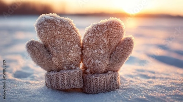Obraz Winter gloves shaped as a heart on snow, bathed in sunset glow. Warmth and love in winter's embrace.
