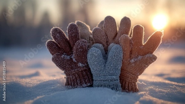 Obraz Winter gloves shaped as a heart on snow, bathed in sunset glow. Warmth and love in winter's embrace.
