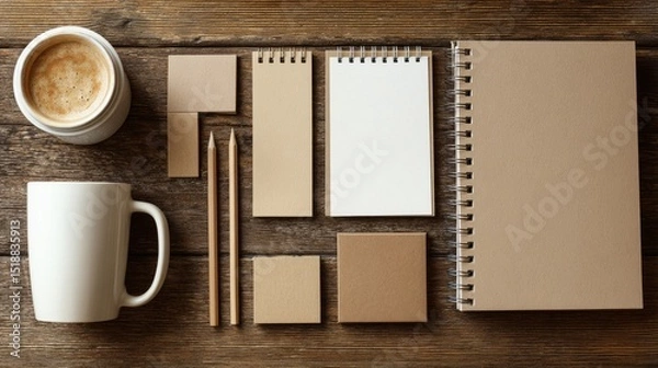 Fototapeta Wooden desk with neatly arranged stationery, a minimalist workspace for focused productivity
