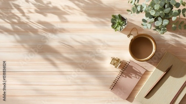 Obraz Wooden desk with neatly arranged stationery, a minimalist workspace for focused productivity
