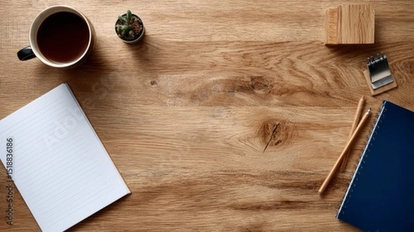 Obraz Wooden desk with neatly arranged stationery, a minimalist workspace for focused productivity
