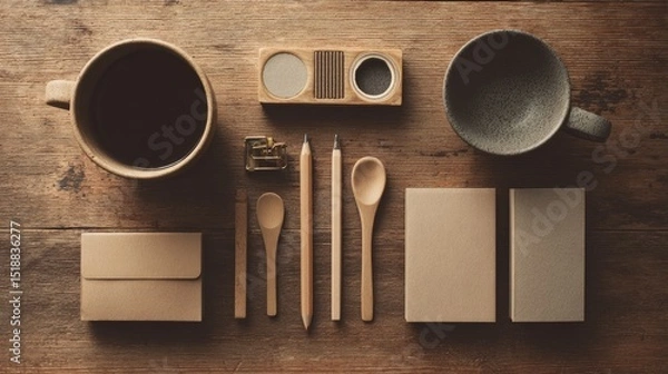 Fototapeta Wooden desk with neatly arranged stationery, a minimalist workspace for focused productivity

