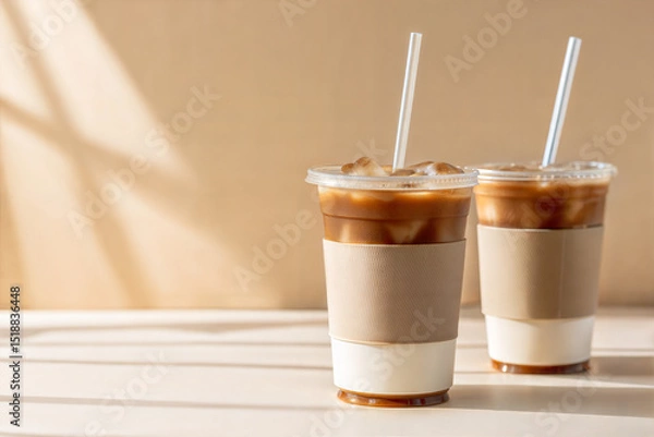 Fototapeta Cold coffee plastic cup mockup with ice cubes and straws, two cups on minimal beige background

