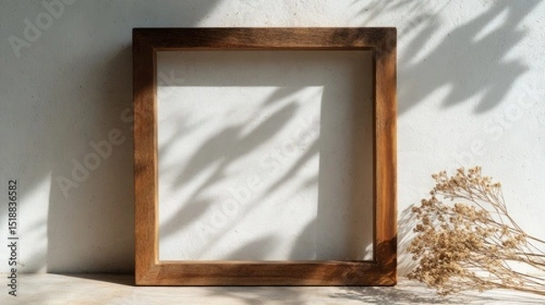 Obraz Wooden frame on light surface, minimalist Scandinavian style with soft shadows. Simplicity and natural elegance in home decor.
