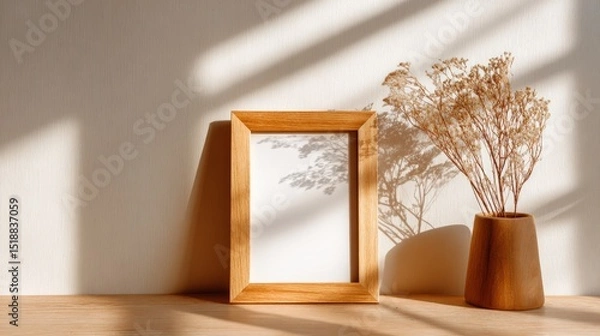 Obraz Wooden frame on light surface, minimalist Scandinavian style with soft shadows. Simplicity and natural elegance in home decor.
