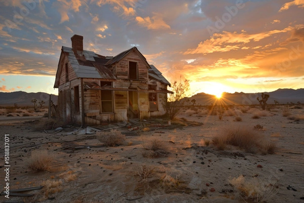Fototapeta a house in the middle of a desert with a sunset in the background