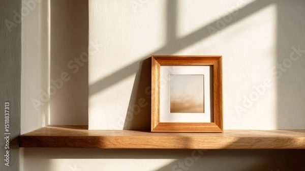 Obraz Wooden frame on light surface, minimalist Scandinavian style with soft shadows. Simplicity and natural elegance in home decor.
