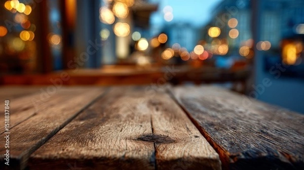 Obraz Wooden table with warm bokeh lights, evoking cozy evening ambiance
