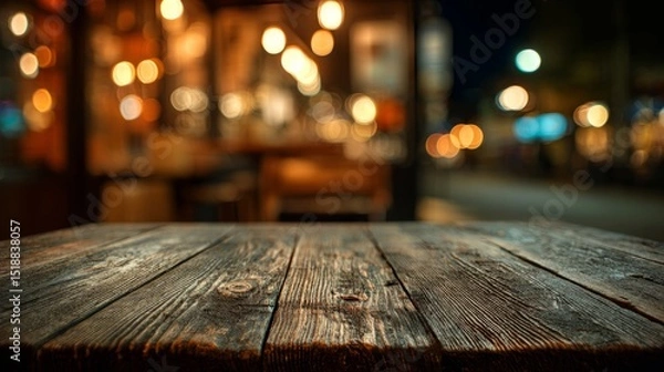 Obraz Wooden table with warm bokeh lights, evoking cozy evening ambiance
