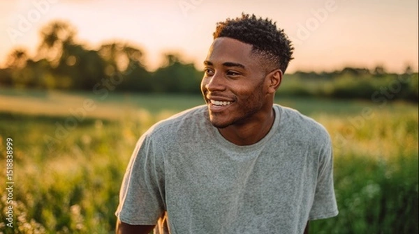 Obraz Young man smiling in golden sunlight, portrait against a green meadow. Joy and warmth in a peaceful moment.
