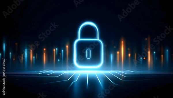 Fototapeta A glowing blue lock symbolizing digital security and protection in a futuristic environment.