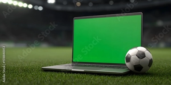 Fototapeta A laptop computer with a vibrant green screen sits on a lush grassy soccer pitch surrounded by the stadium lights and atmosphere of a professional soccer match