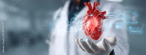 Fototapeta A medical professional using futuristic technology to display a digital holographic image of a human heart showcasing the latest advancements in medical science and healthcare innovation