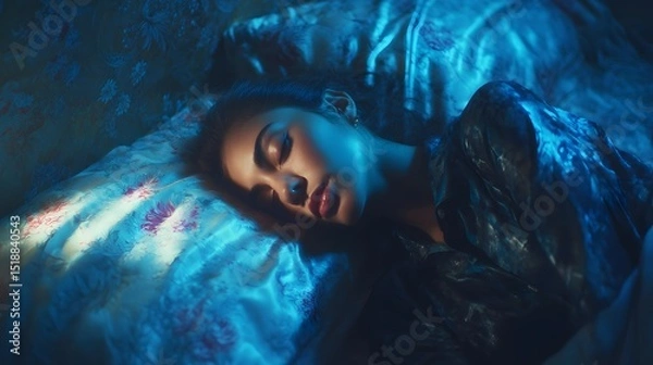 Fototapeta A woman lies asleep her features softly illuminated by a mysterious ethereal light creating a captivating intimate portrait of rest and introspection