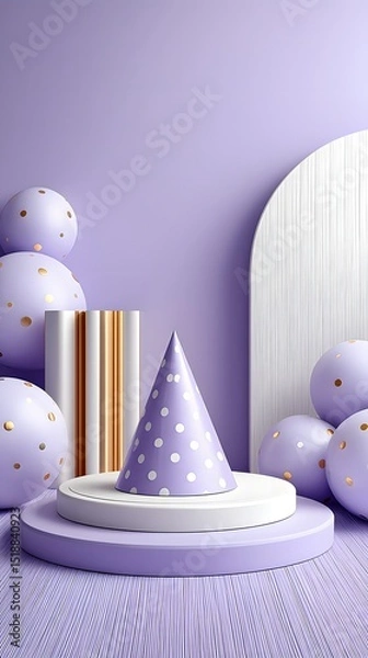Fototapeta Elegant and modern composition featuring minimalist geometric shapes polka dot patterns and gold accents on a pastel purple background creating a stylized premium and chic display
