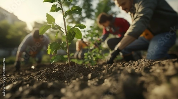 Fototapeta Group of People Planting Young Trees in a Garden at Sunrise for Environmental Conservation and Reforestation Efforts