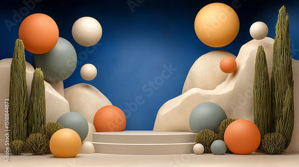 Fototapeta Abstract 3D Render Pastel Spheres and Textured Organic Forms on Deep Blue Background