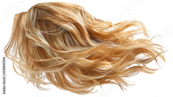 Fototapeta Long, wavy blond hair with highlights is flowing freely, giving a sense of movement and dynamism, isolated on a transparent background, perfect for beauty and hair care projects
