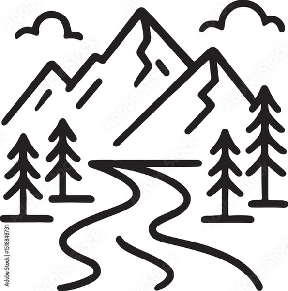 Fototapeta "Black and white vector of minimalist mountains, trees, rivers in line art style"