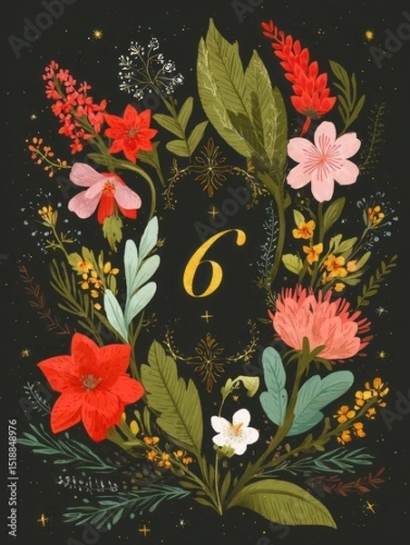 Fototapeta A black and white drawing of a flowery border with the number 6 in gold