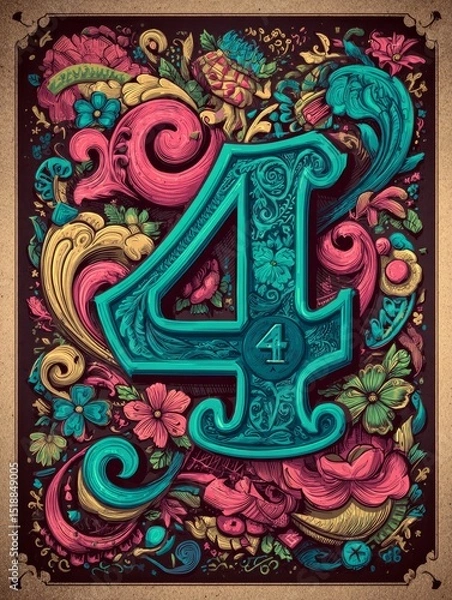 Fototapeta A colorful poster with a flowery design and the number 4 in the center