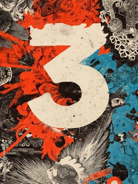 Fototapeta The number 3 is written in red and white on a colorful background