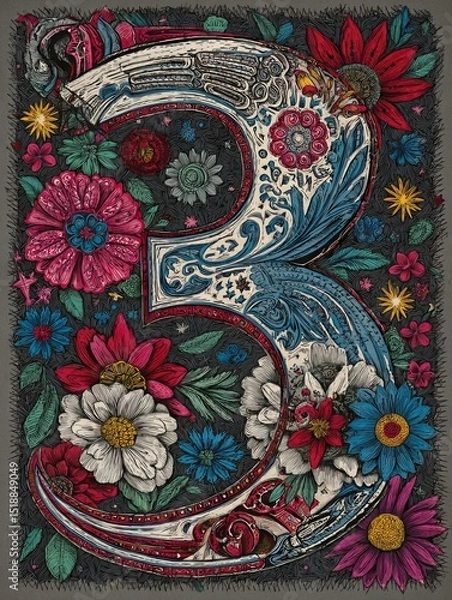 Fototapeta A colorful flowery number 3 is drawn in a flowery style