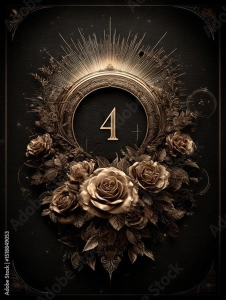 Fototapeta A gold framed card with a flowery border and the number 4 in the center
