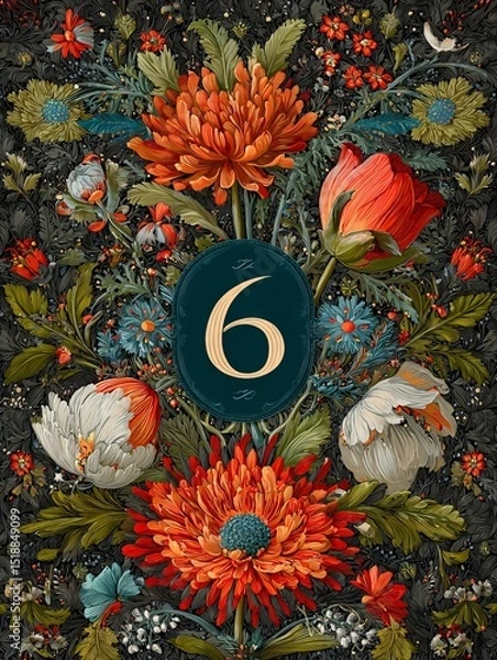 Fototapeta A colorful floral design with the number 6 in the center