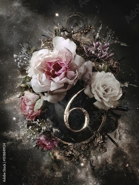 Fototapeta A flowery design with the number 6 in gold