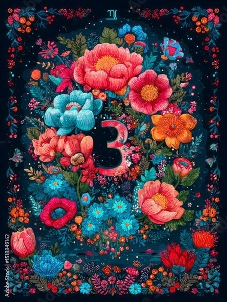 Fototapeta A colorful floral design with the number 3 in the center