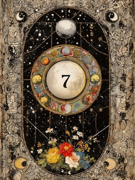 Fototapeta A black and white drawing of a circle with the number 7 in the center